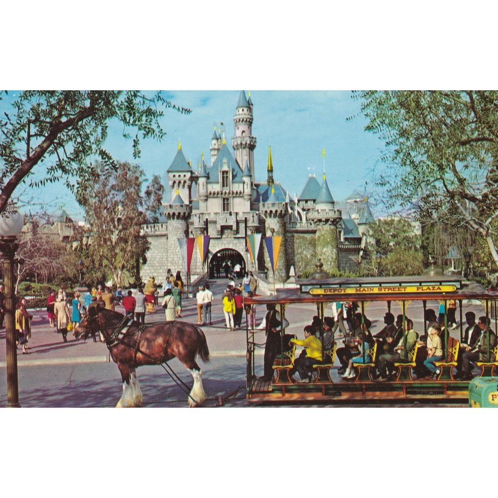Vintage Disneyland Sleeping Beauty Castle Postcard Trolley Retro Disneyana